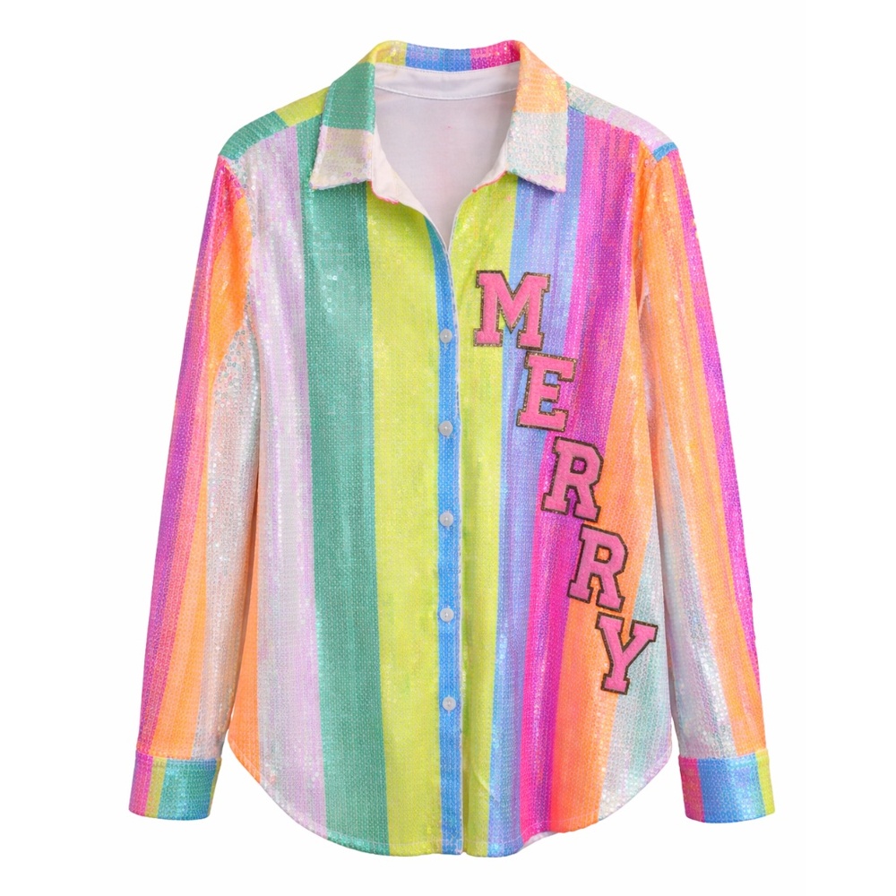 ✨ Judith March Rainbow Sequin “MERRY” Button-Up Shirt – Size M ✨